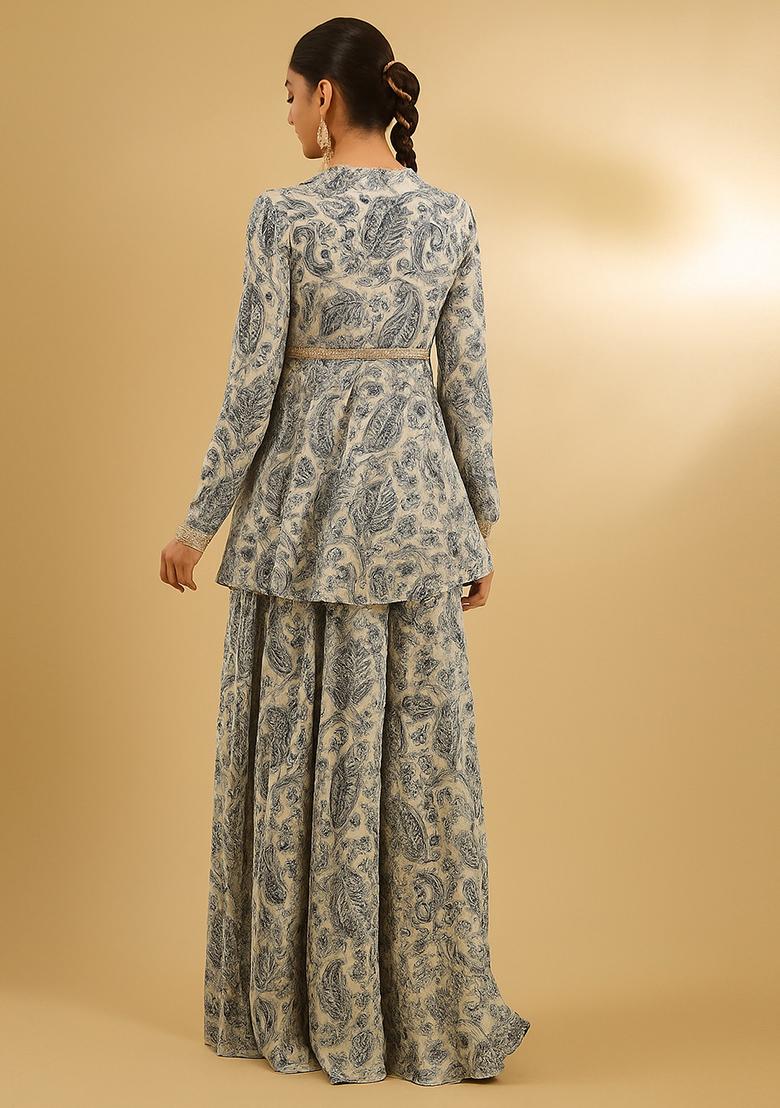 White Printed Chiffon Sharara Set - Indya