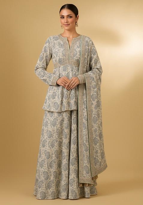 White Printed Chiffon Sharara Set