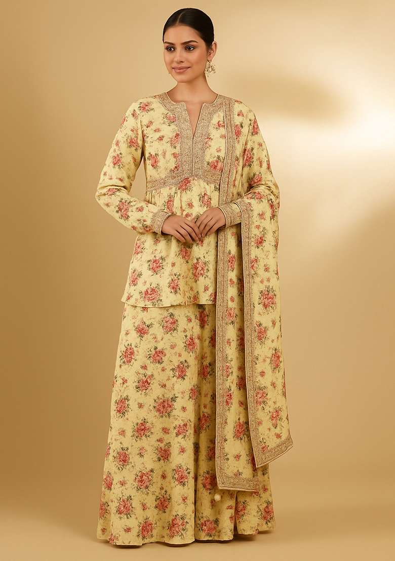 Yellow Printed Chiffon Sharara Set - Indya