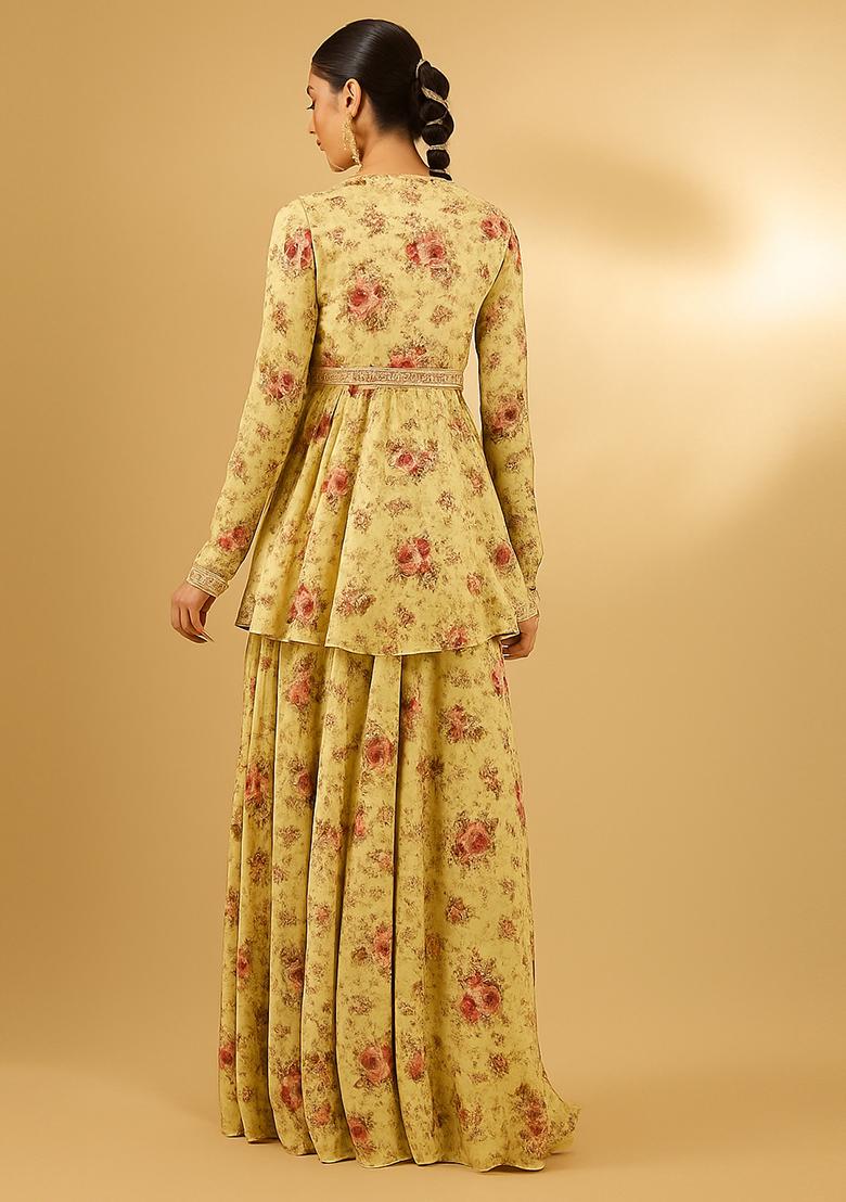 Yellow Printed Chiffon Sharara Set - Indya