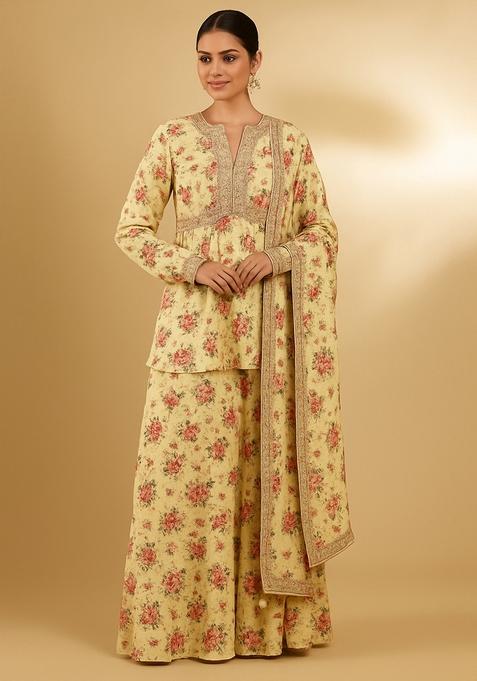 Yellow Printed Chiffon Sharara Set