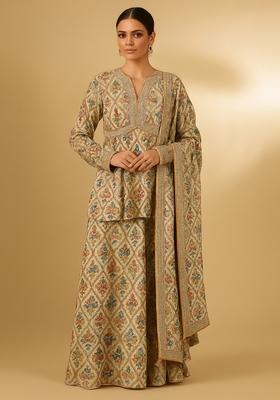 Beige Printed Chiffon Sharara Set