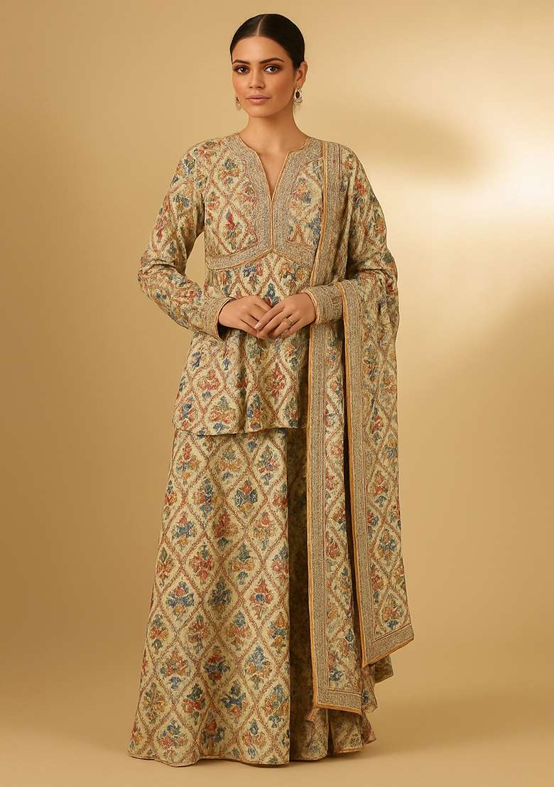 Beige Printed Chiffon Sharara Set - Indya
