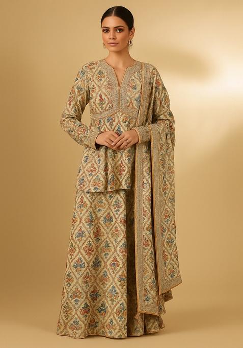 Beige Printed Chiffon Sharara Set
