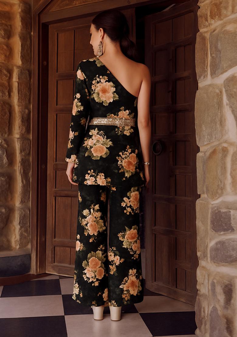 Black Printed Chiffon Kurta Set - Indya