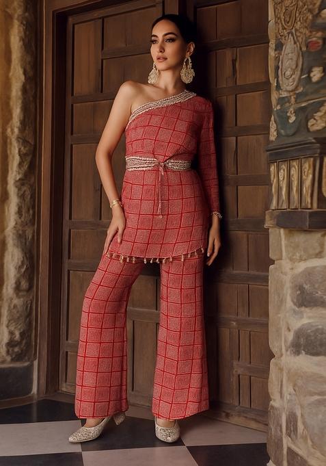 Red Printed Chiffon Kurta Set