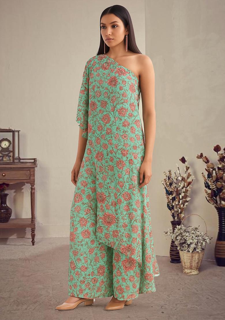 Mint Green Printed Polyester Jumpsuit