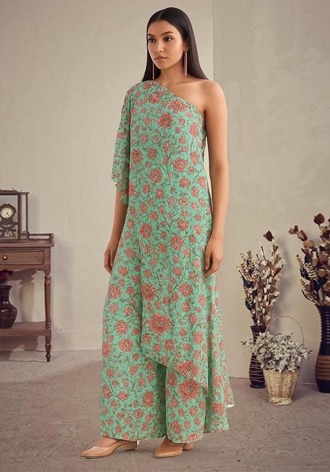 Mint Green Printed Polyester Jumpsuit