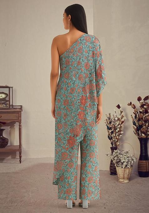 Mint Green Printed Polyester Jumpsuit