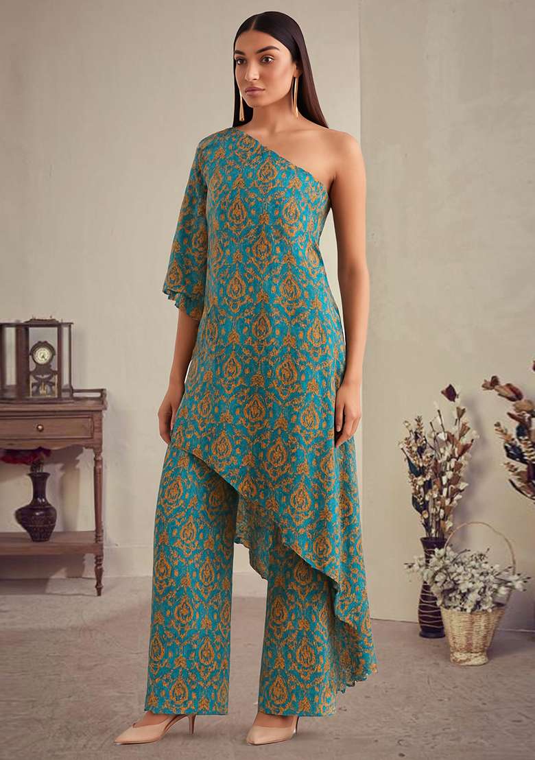 Ocean Blue Printed Polyester Jumpsuit - Indya