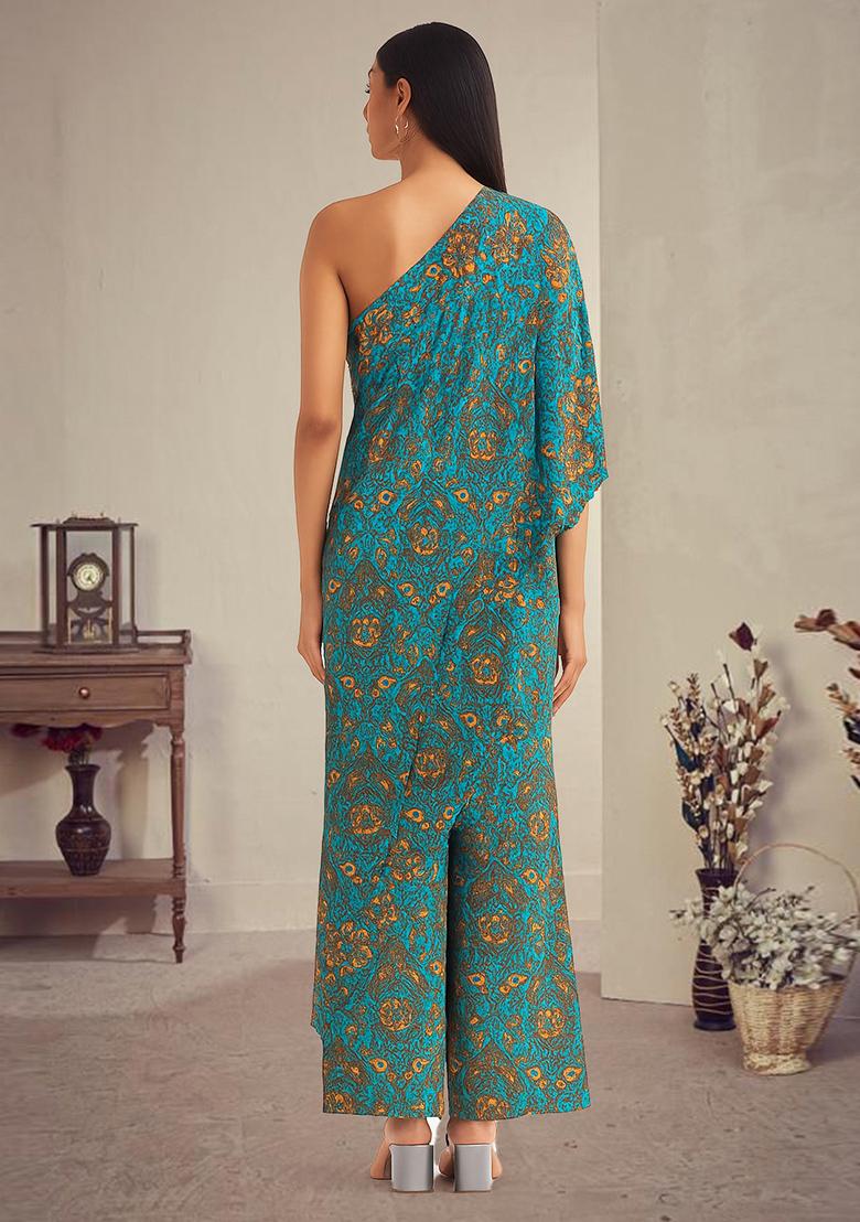 Ocean Blue Printed Polyester Jumpsuit - Indya