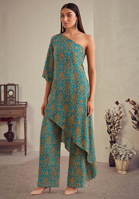 Ocean Blue Printed Polyester Jumpsuit