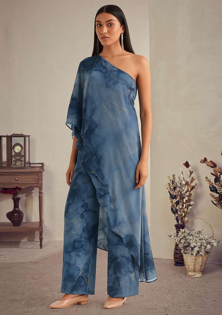 Blue Printed Polyester Jumpsuit - Indya