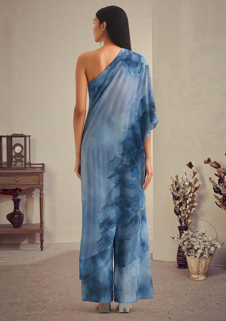 Blue Printed Polyester Jumpsuit - Indya