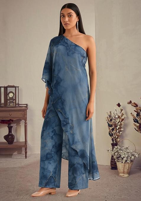 Blue Printed Polyester Jumpsuit
