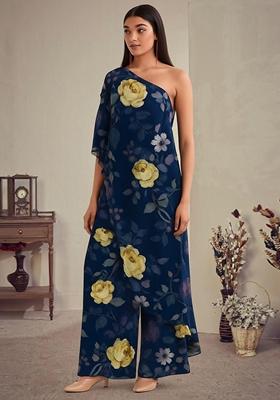 Navy Blue Printed Polyester Jumpsuit