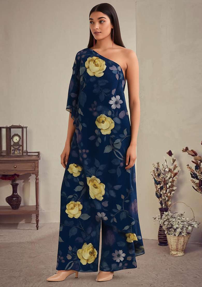 Navy Blue Printed Polyester Jumpsuit - Indya