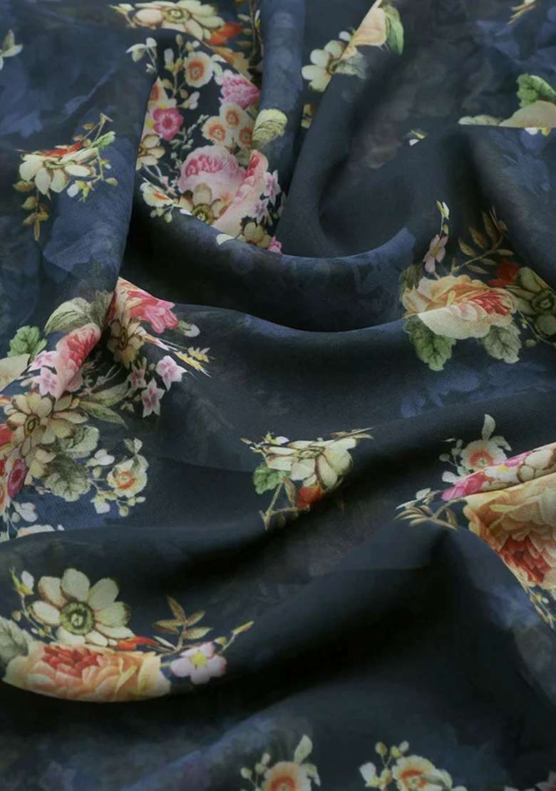 Deep Blue Floral Print Polyester Sharara Set - Indya