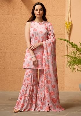 Lavender Printed Polyester Kurta Set