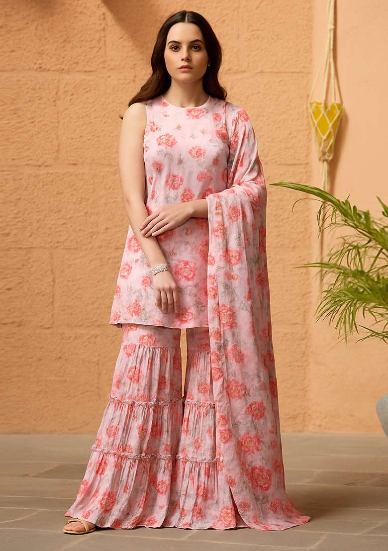 Lavender Floral Print Polyester Sharara Set - Indya