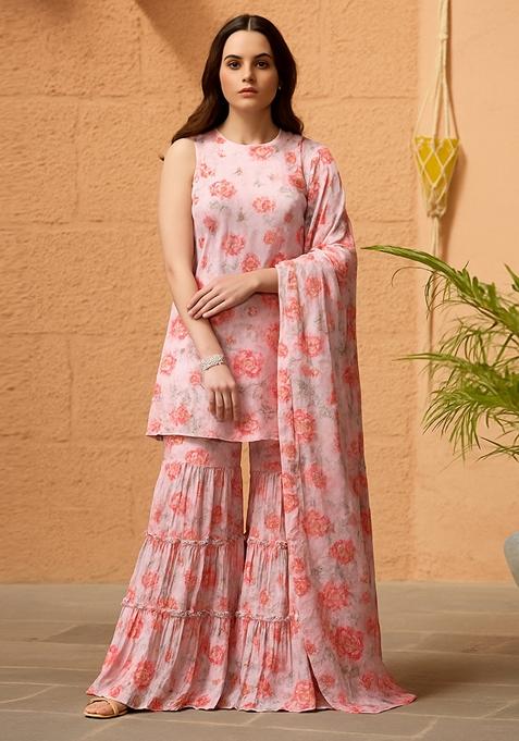 Lavender Printed Polyester Kurta Set