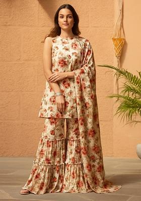 Cream Printed Polyester Kurta Set