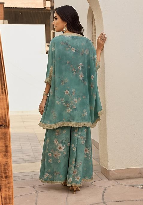 Teal Green Printed Polyester Kurta Set