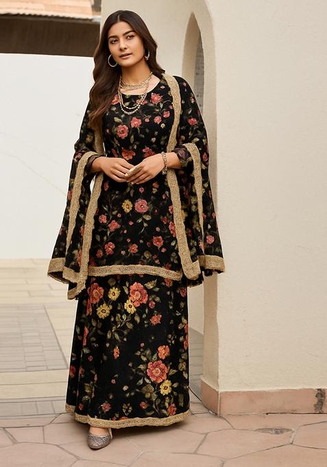 Black Printed Polyester Kurta Set