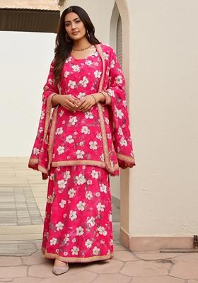 Pink Printed Polyester Kurta Set