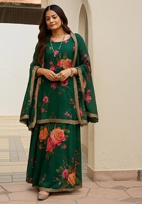 Dark Green Printed Polyester Kurta Set