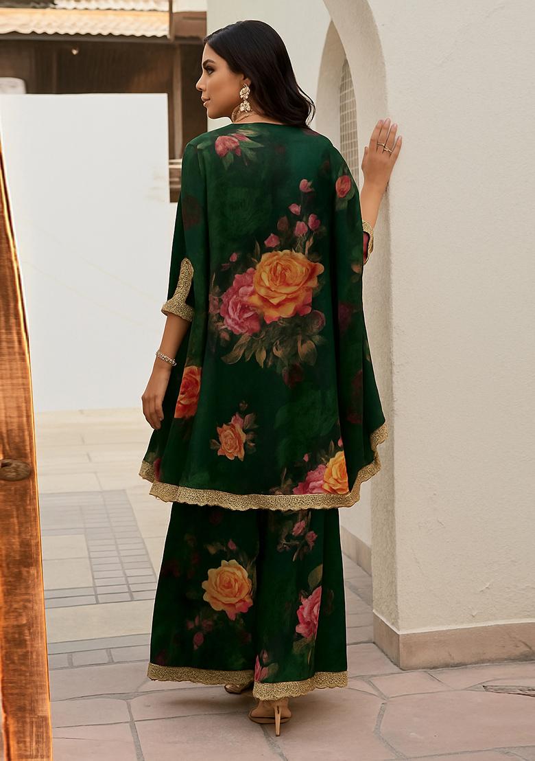 Dark Green Printed Polyester Kurta Set - Indya