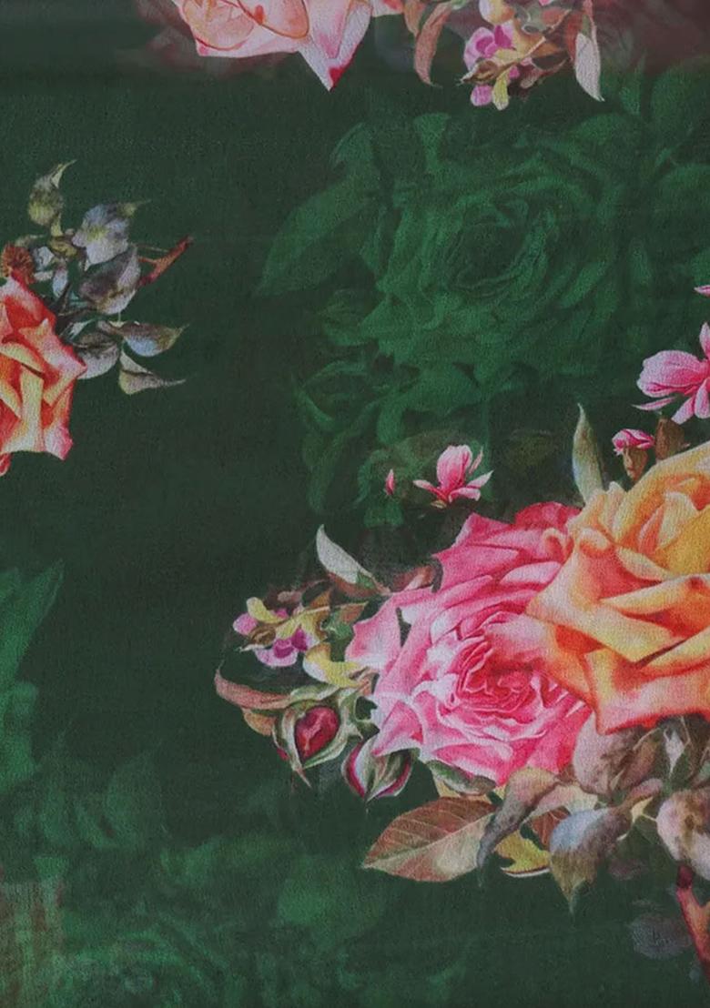 Dark Green Printed Polyester Kurta Set - Indya