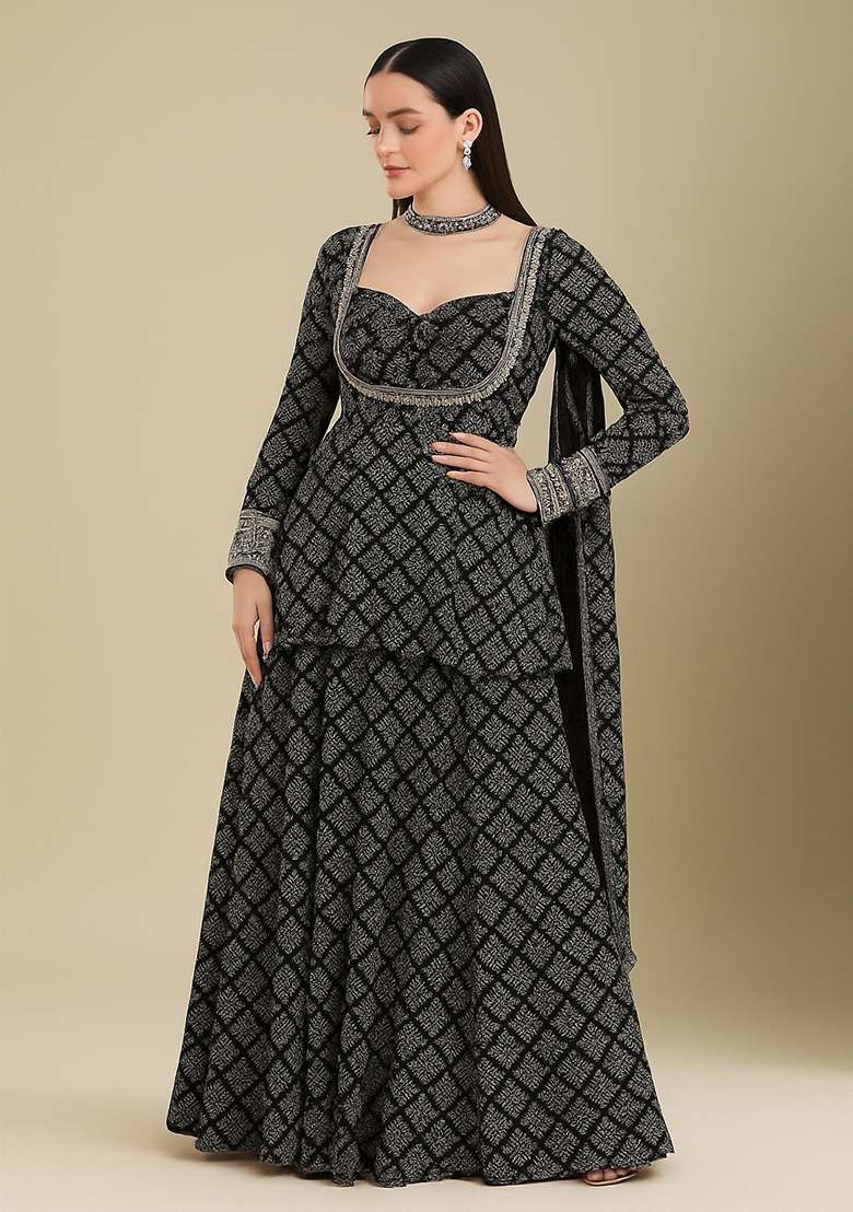 Black Embroidered Polyester Sharara Set - Indya