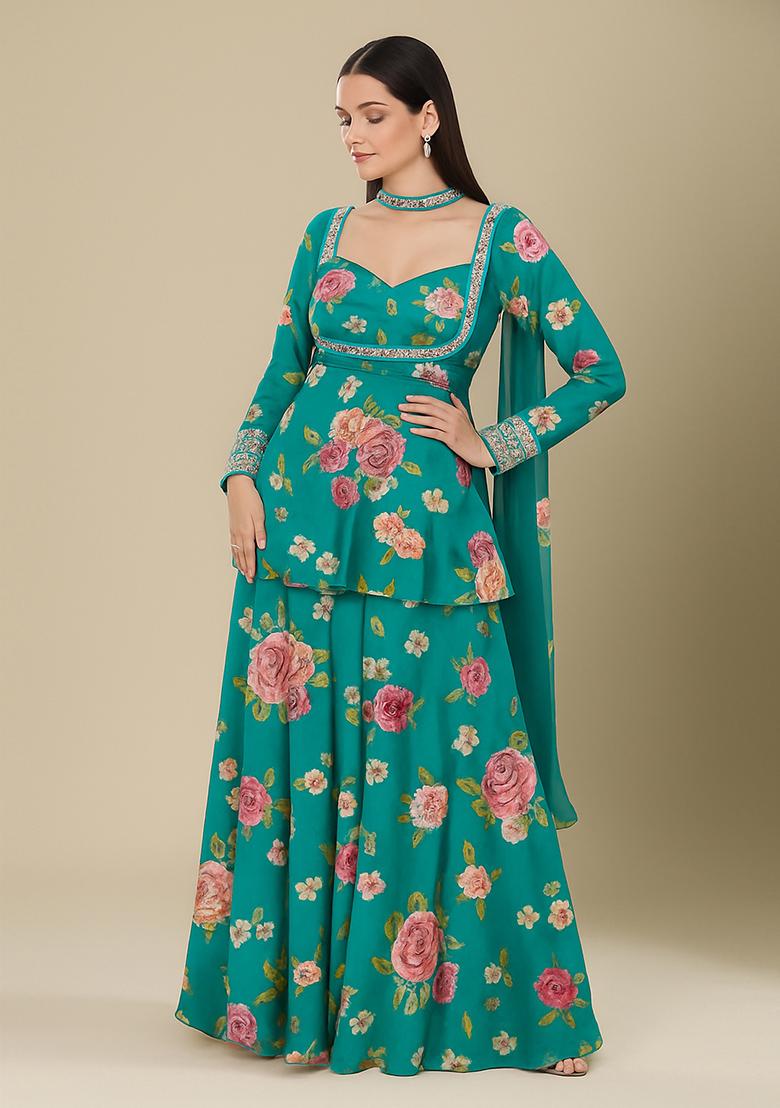 Teal Blue Printed Polyester Kurta Set - Indya