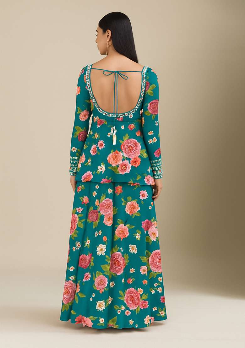 Teal Blue Embroidered Polyester Sharara Set - Indya