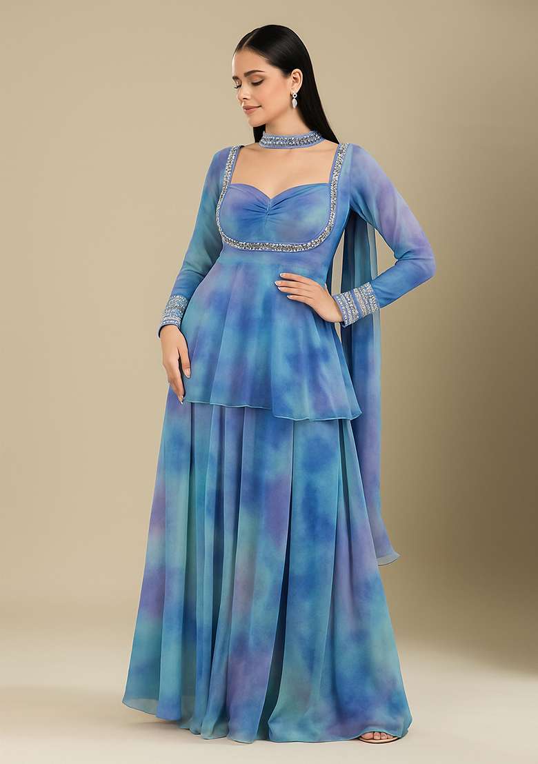 Sky Blue Tie And Dye Polyester Sharara Set - Indya