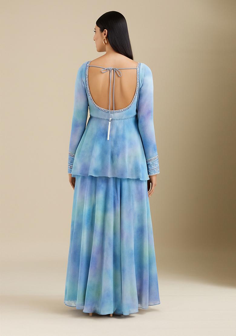 Sky Blue Printed Polyester Kurta Set - Indya