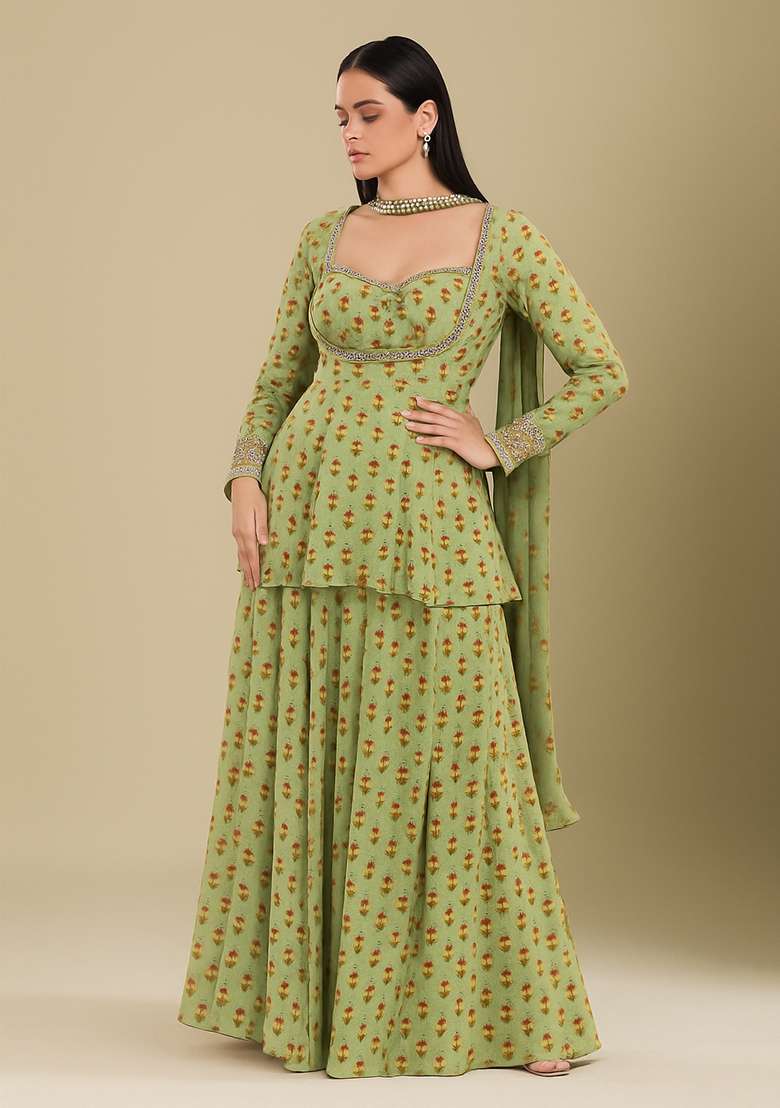 Yellow Floral Print Polyester Sharara Set - Indya