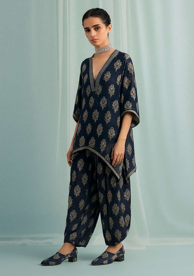 Dark Blue Printed Polyester Co Ord Set - Indya