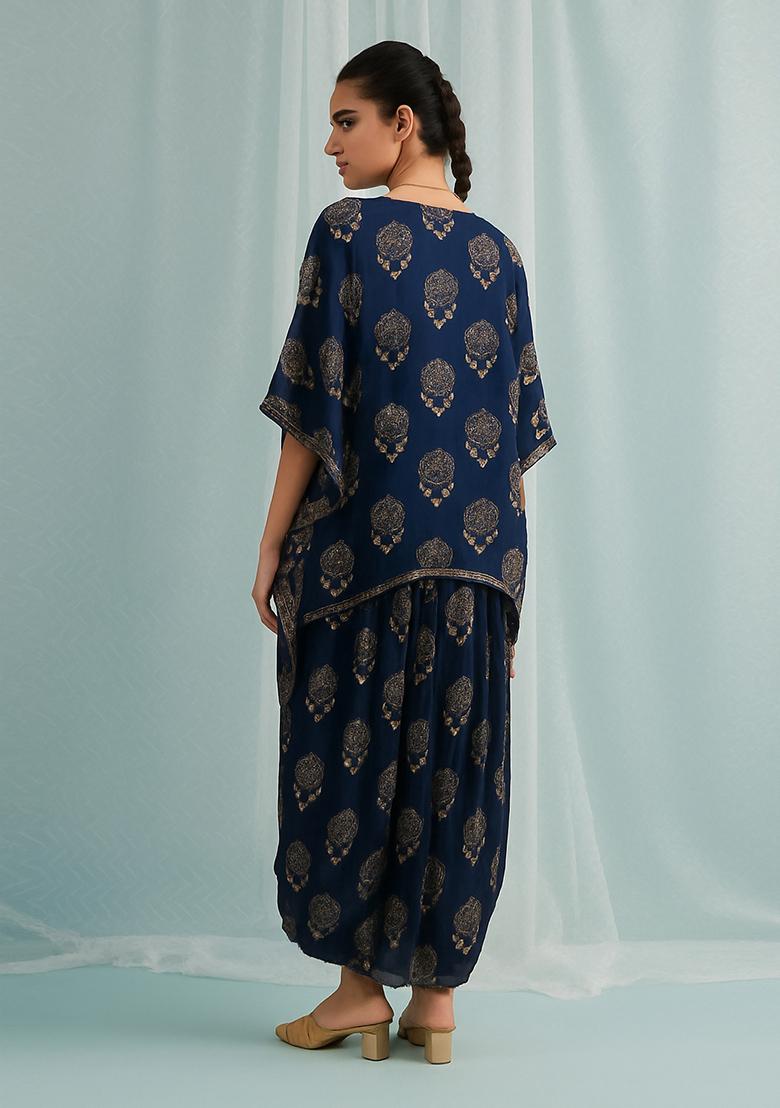Dark Blue Printed Polyester Kurta set - Indya