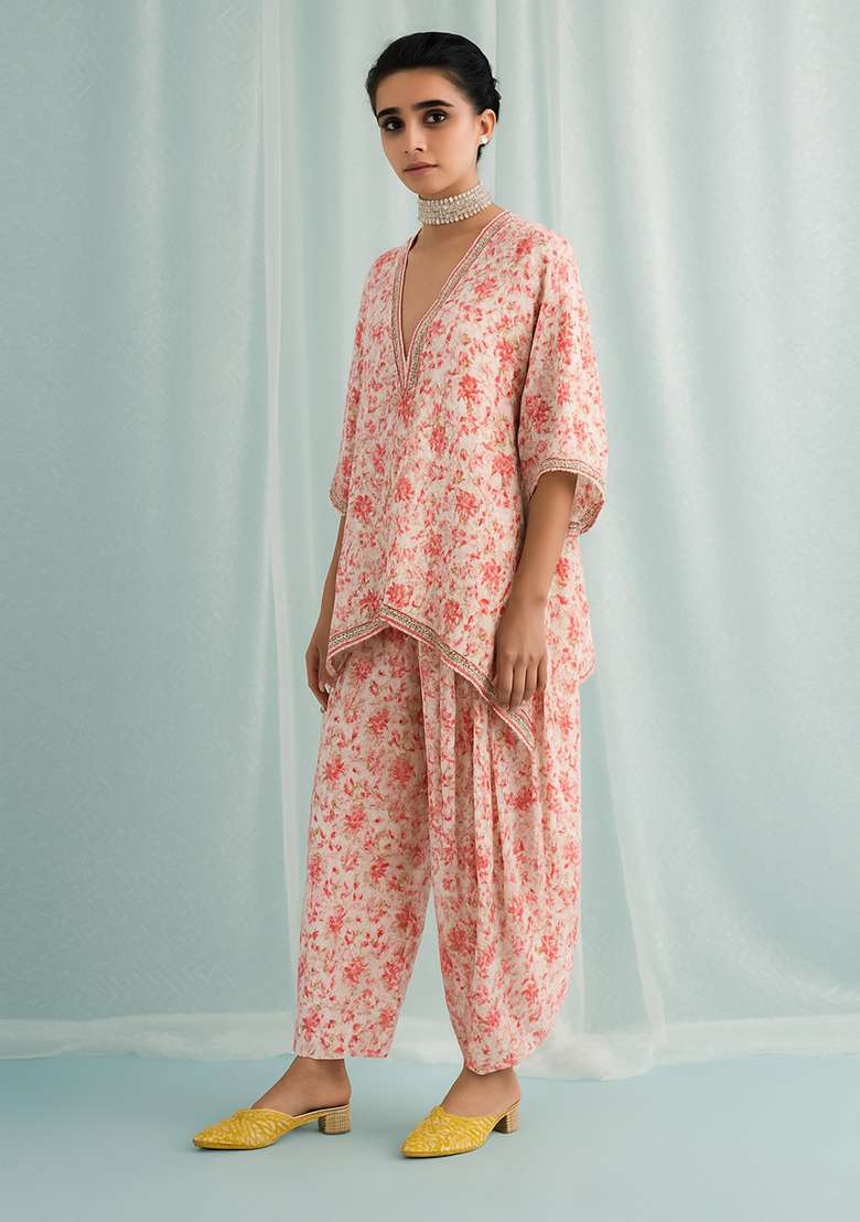 Pink Floral Print Polyester Co Ord Set - Indya