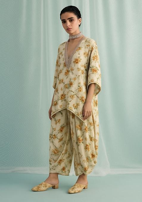 Beige Printed Polyester Kurta set