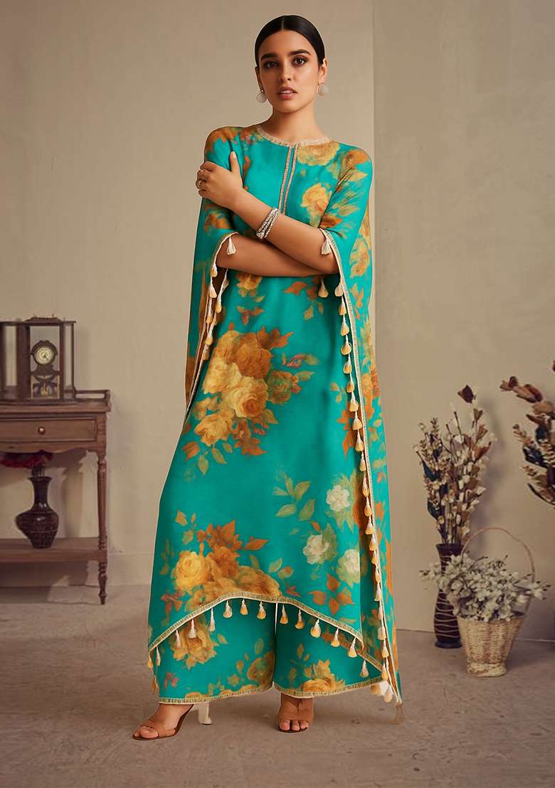 Teal Green Printed Satin Kurta Set - Indya