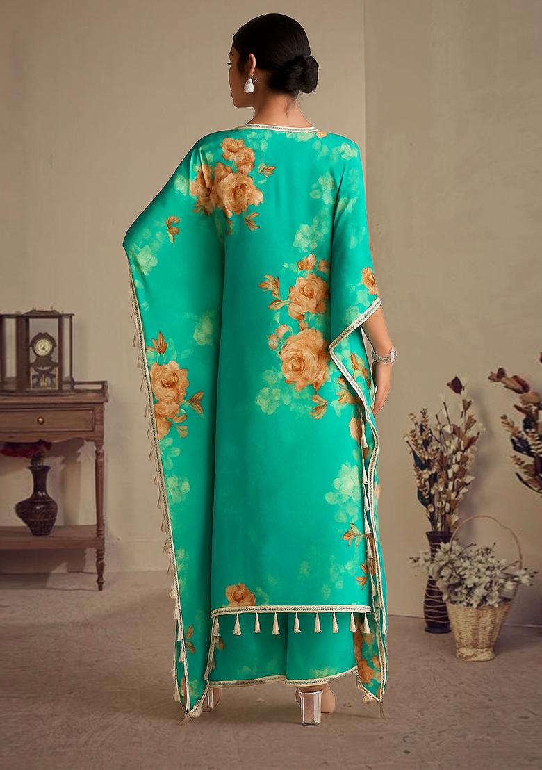 Teal Green Printed Satin Kurta Set - Indya