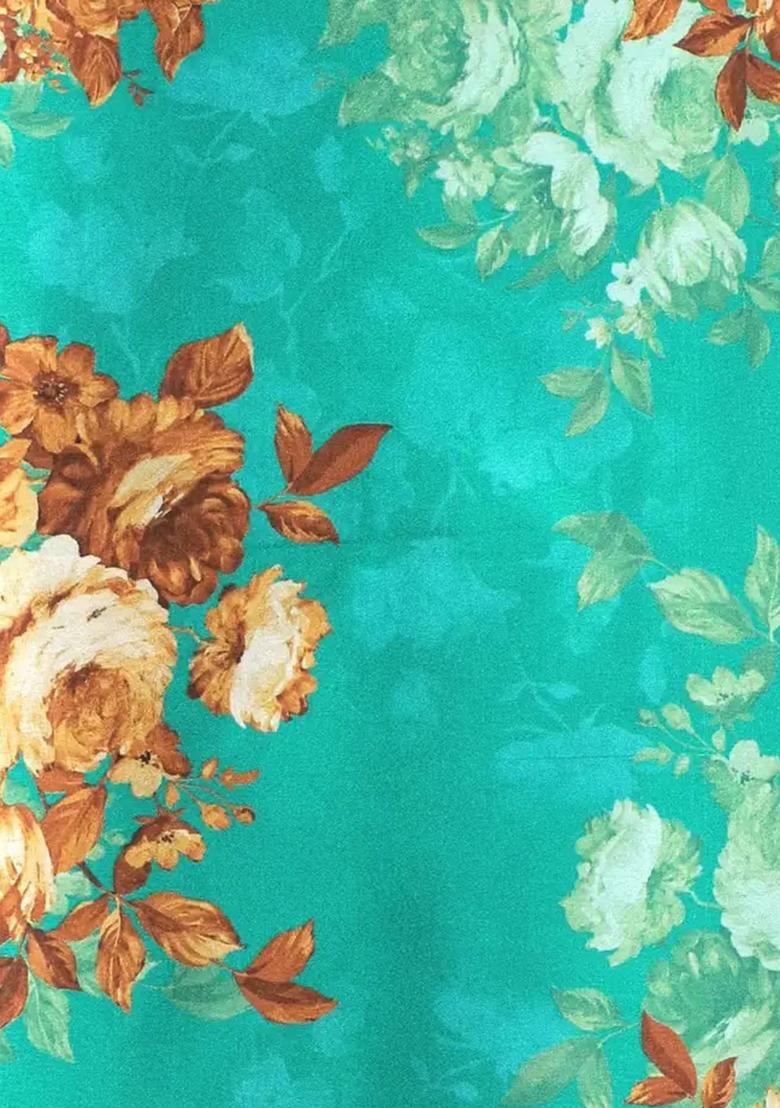 Teal Green Printed Satin Kurta Set - Indya