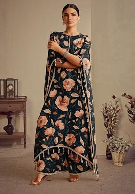 Dark Teal Blue Printed Satin Kurta Set