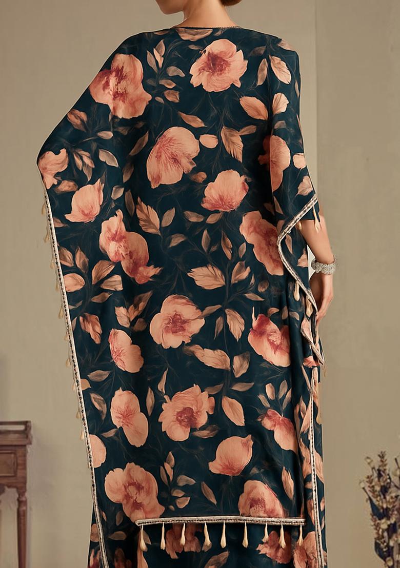 Dark Teal Blue Printed Satin Kurta Set - Indya