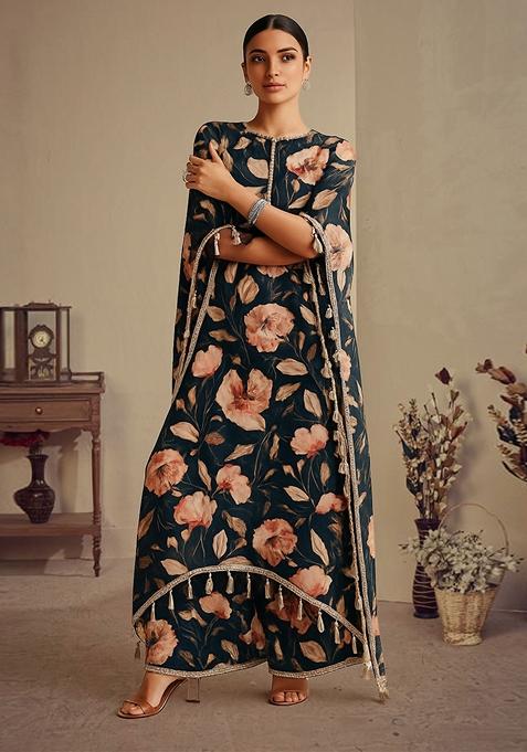 Dark Teal Blue Printed Satin Kurta Set