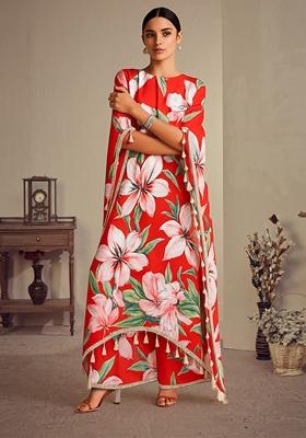 Red Printed Satin Kurta Set