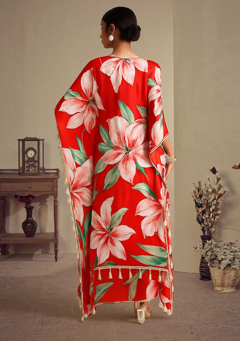 Red Printed Satin Kurta Set - Indya